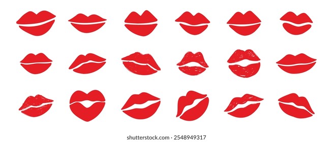 lips kiss clipart. lips kiss hand drawn silhouette symbols. Decor red lips cartoon drawing elements set. Vector illustration