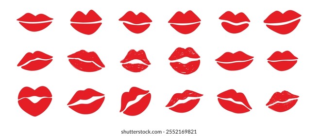 Lippen küssen Clipart. Lippen küssen handgezeichnete Silhouette Symbole. Dekor rote Lippen Cartoon Zeichnungselemente Set. Vektorgrafik