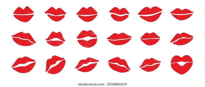 lips kiss clipart. lips kiss hand drawn silhouette symbols. Decor red lips cartoon drawing elements set. Vector illustration