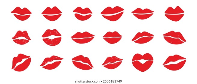 lips kiss clipart. lips kiss hand drawn silhouette symbols. Decor red lips cartoon drawing elements set. Vector illustration