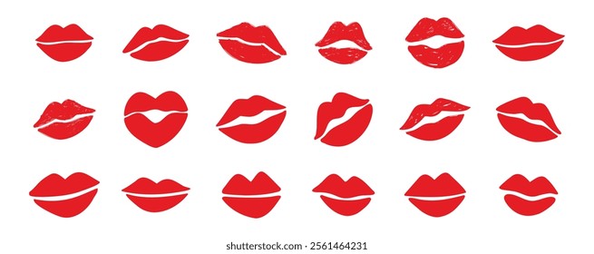 lips kiss clipart. lips kiss hand drawn silhouette symbols. Decor red lips cartoon drawing elements set. Vector illustration