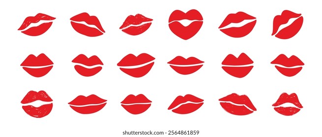 lips kiss clipart. lips kiss hand drawn silhouette symbols. Decor red lips cartoon drawing elements set. Vector illustration