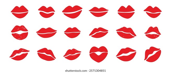 lips kiss clipart. lips kiss hand drawn silhouette symbols. Decor red lips cartoon drawing elements set. Vector illustration