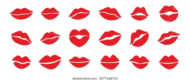 lips kiss clipart. lips kiss hand drawn silhouette symbols. Decor red lips cartoon drawing elements set. Vector illustration