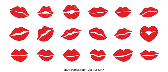 lips kiss clipart. lips kiss hand drawn silhouette symbols. Decor red lips cartoon drawing elements set. Vector illustration