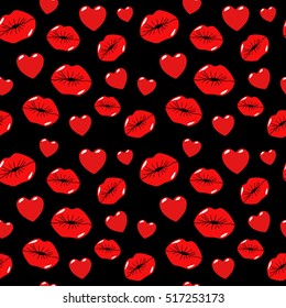 Lips Kiss and Heart Seamless Pattern. Love Background in Retro Fashion Style. Vector illustration