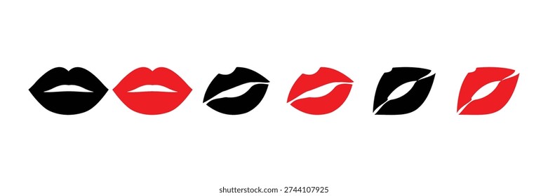 Lips and Kiss Icon Set – Red Lips, Romantic and Valentine Silhouette Vector Symbols for Love and Woman Concepts