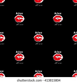 Lips with kiss and love seamless pattern on black background. Modern stylish graphik design. Template for prints, textile, wrapping and decoration, wallpaper. Vector illustration.