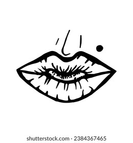 Lips in a kiss. A mole above the lip. Ink graphics. A hand-drawn drawing.