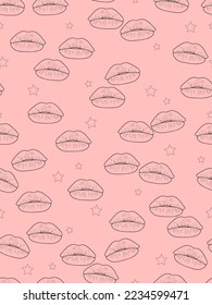 Lips kiss print seamless pattern. Lips and little stars doodle and pink color background.
