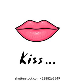 lips and kiss text. Vector Illustration for printing, backgrounds, covers and packaging. Image can be used for greeting cards, posters, stickers and textile. Isolated on white background.