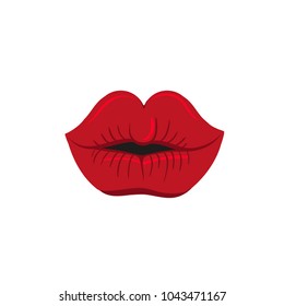 Lips kiss. Vector patch, sticker isolated on white. Cool sexy red kissed.
