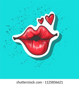 Lips kiss. Vector patch, sticker isolated on blue. Patched Cool sexy red kissed. Cartoon comics Sign for print, Fashion, pop art, retro style 80-s 90s