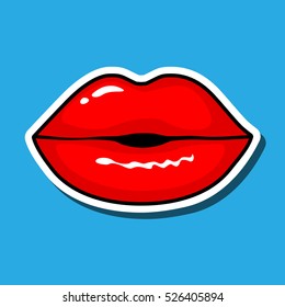 Lips Kiss. Vector Patch, Sticker Isolated On Blue. Patched Cool Sexy Red Kissed. Cartoon Comics Sign For Print, Fashion, Pop Art, Retro Style 80-s 90s