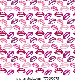 Lips y besos. Patrón sin foco de labios abstractos rojos y rosados aislados sobre fondo blanco. Puede utilizarse para imprimir, textil, carteles, tarjetas de San Valentín o papel envolvente