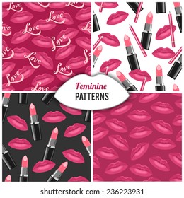 Lips kisses vector seamless patterns set