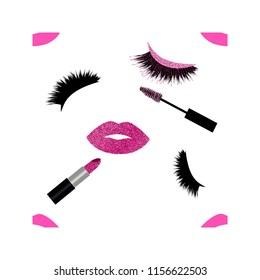 Lips, lashes mascara and lipstick with glitter effect vector pattern