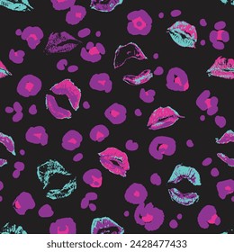 Lips and Leopard Print Vector Seamless Pattern Bright Colors on Black