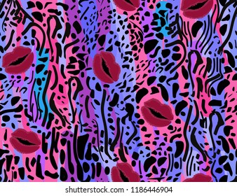 lips and leopard spots, colored seamless pattern, vector illustration