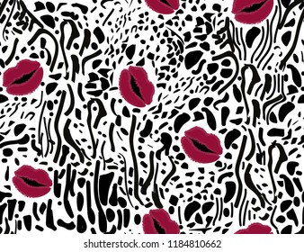 lips and leopard spots, seamless pattern, vector illustration