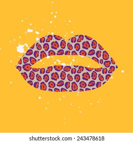 Lips with leopard texture. Grunge wallpaper in vector. 