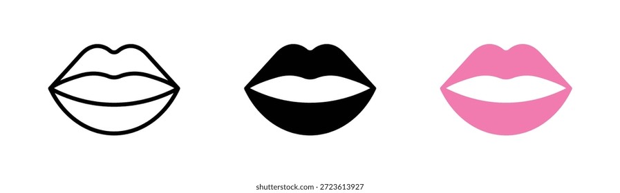 Lippenlinien-Symbolsatz. Lippenschwarz, rosafarbene Symbole. Konzept der Anatomie. Zeichen der menschlichen Lippen, Symbol. Bearbeitbarer Strich. Vektorgrafik. Flaches Design.
