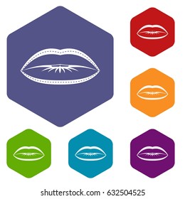 Lips with lines drawn around it icons set hexagon isolated vector illustration
