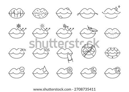 Lips and lip care routine icons set. Line vector, editable stroke. Beauty treatment, skincare, makeup, peeling lips, moisturizing.