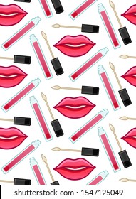Lips and lip gloss seamless pattern on white background