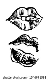 Lips and lip print. Vector illustration of hand drawn isolated on a white background in the lines style.