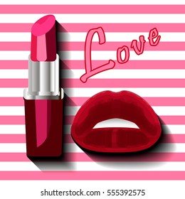 Lips and lipstick colorful. Isolated background. Vector illustration.