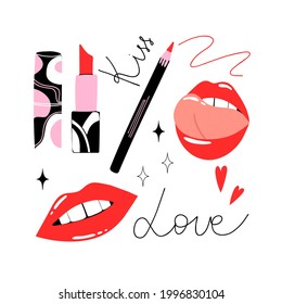 Lips and lipstick cosmetic. Cartoon hand drawn cosmetics. Bright abstract container, female mouth and tongue, glamour female makeup beauty poster or card , doodle isolated vector illustration