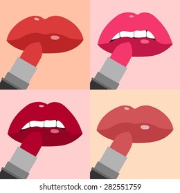 Lips with lipstick flat icons set