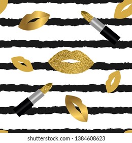 Lips and lipstick  with glitter seamless vector pattern