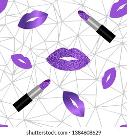 Lips and lipstick  with glitter seamless vector pattern