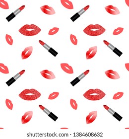 Lips and lipstick  with glitter seamless vector pattern