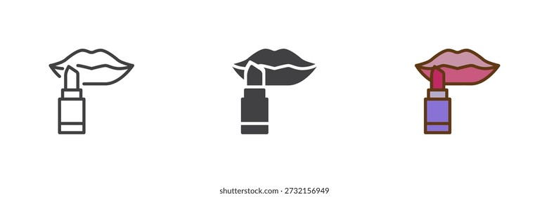 Conjunto de iconos de labios y lápiz labial en línea, estilo colorido de contorno sólido y relleno. Icono de lápiz labial signo y Vector para el maquillaje de belleza e íconos cosméticos.
