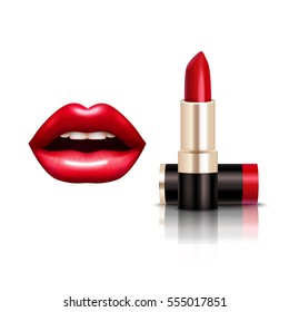 Lips and lipstick realistic set with bright red color isolated vector illustration 