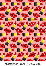 Lips and lipstick seamless pattern on pink background