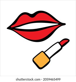 Lips and lipstick. Simple vector illustration in doodle style.