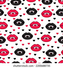 Lips With Long Vampire Fangs, Halloween Seamless Pattern, Hand Drawn Abstract Funny Cute Spooky Background, Horror Print, Black And Red Lips With Fangs On White Background. Isolated On White Backgroun