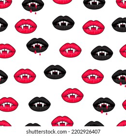 Lips With Long Vampire Fangs, Halloween Seamless Pattern, Hand Drawn Abstract Funny Cute Spooky Background, Horror Print, Black And Red Lips With Fangs On White Background. Isolated On White Backgroun