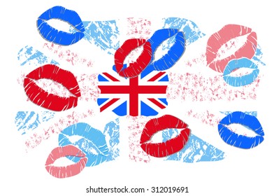 Lips with lots of kisses print design on a British flag print design