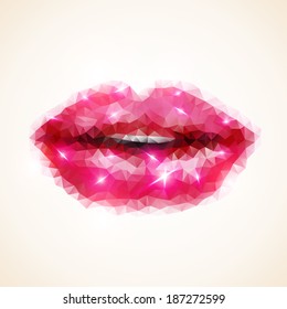 Lips made of small triangles. Abstract polygonal background. Vector illustration. Lights and pink sparkles. Low-poly colorful style. 
