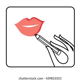 Lips make up. Hand with lips pencil. Make up Vector illustration.