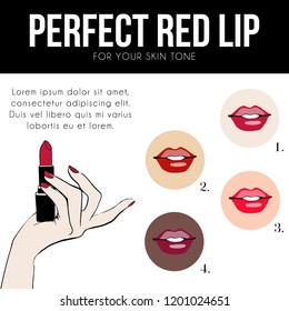 Lips makeup, color chart for your skin tone and Female hand with red lipstick. Hand drawn lipstick and Lips on the skin. Woman's skin tone. Vector illustration for makeup artist.