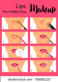 Lips makeup how to apply easy. Information banner for catalog or advertising.