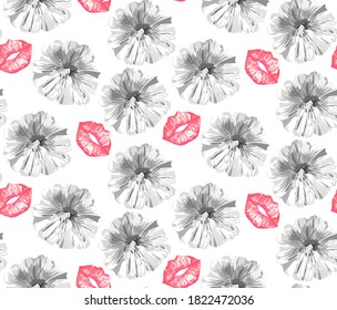 Lippen und braune Blumen nahtloses Muster auf weißem Hintergrund. Vektorgrafik