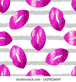 Lips and marijuana leaves seamless vector pattern.Valentine's day vector background