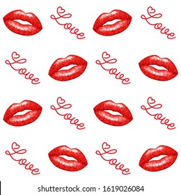 Lips and marijuana leaves seamless vector pattern.Valentine's day vector background